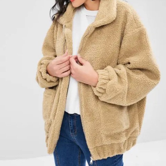 ZAFUL Fluffy Zip Up Winter Teddy Coat - Camel Brown - Picture 3 of 4